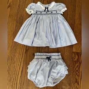 Beatrice and George Blue Stripe and smocked Cotton Baby Dress with Bloomers
